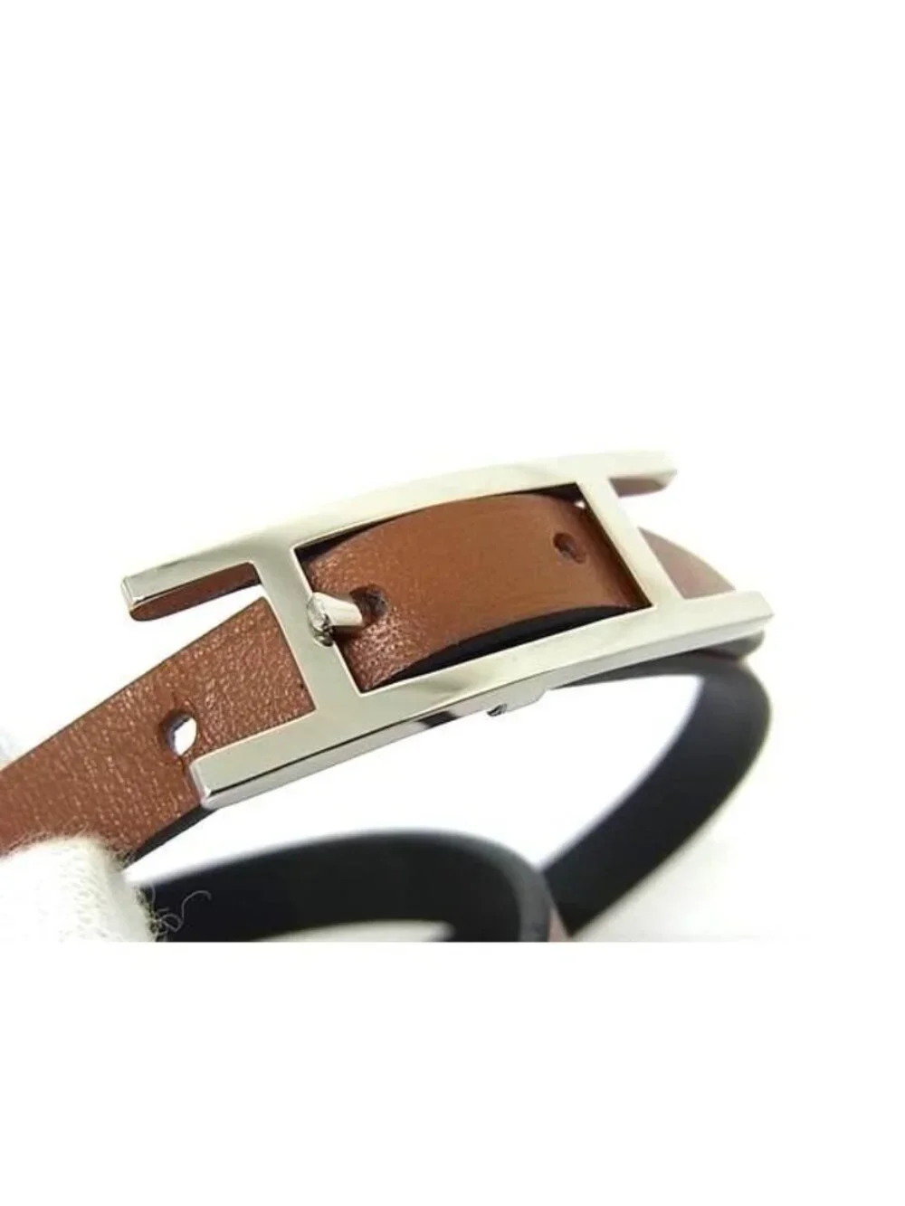 Hermes Behapi Double Tour Leather Reversible Silver Bracelet